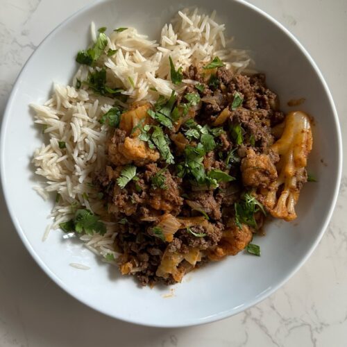 Madras Beef and Cauliflower with cilantro and rice