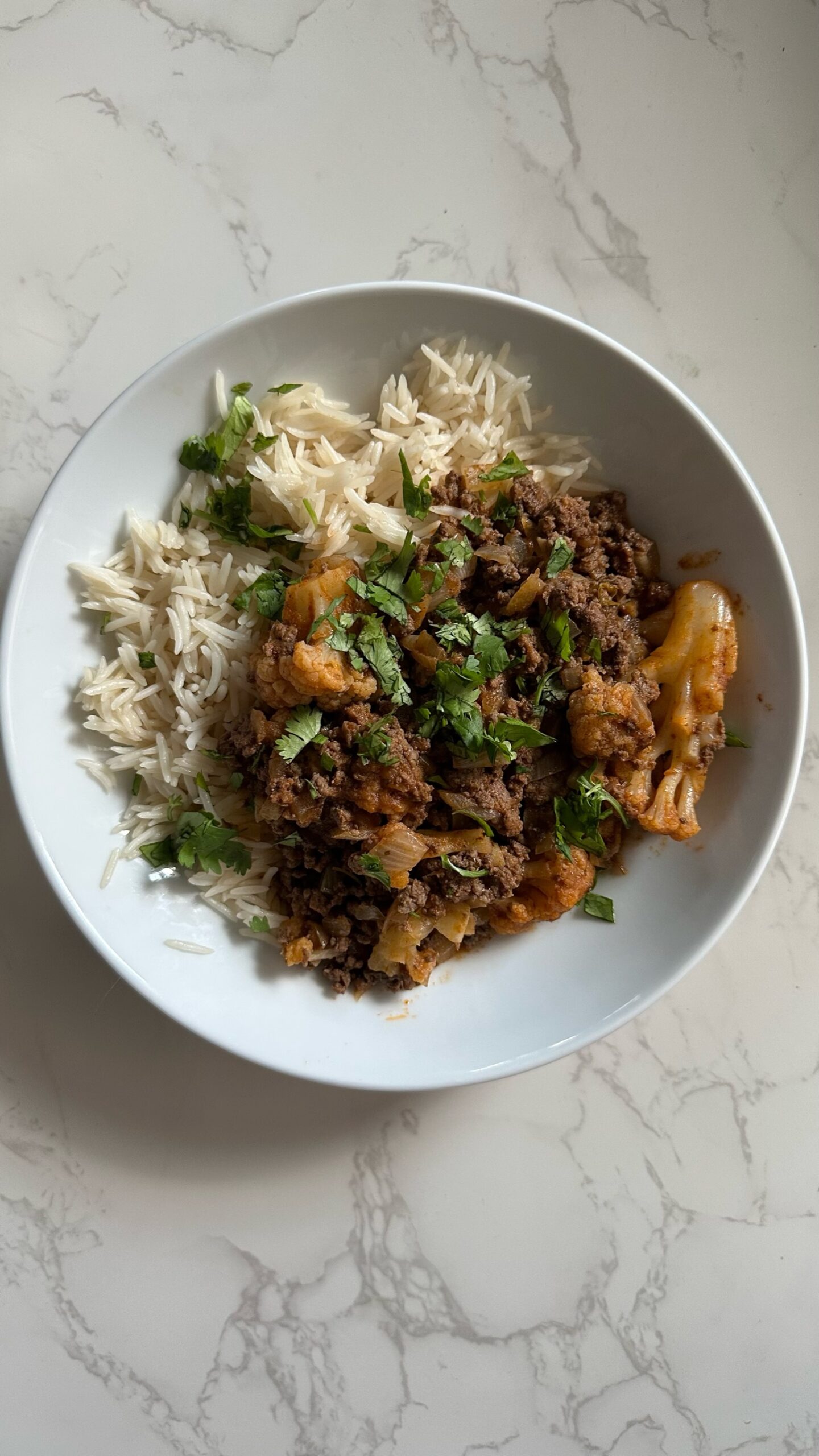 Madras Beef and Cauliflower with cilantro and rice