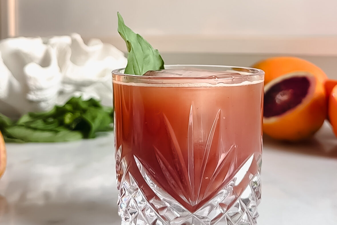 A blood orange and basil mineral mocktail